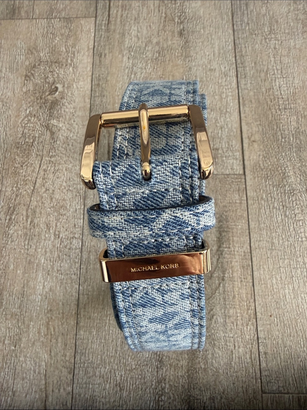 Michael Kors Denim-Textured Blue Belt with Gold Buckle